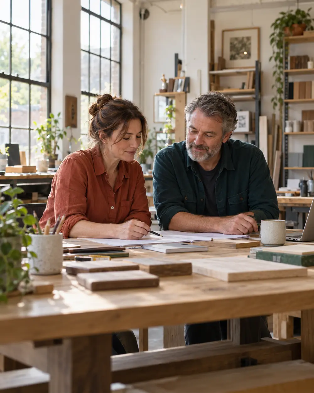 Two people reviewing notes together in a small workshop office